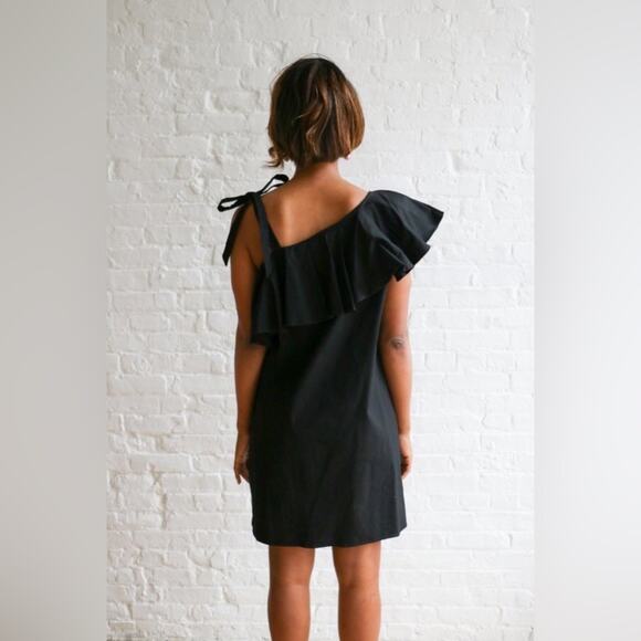 Sea NY Black Ruffle Off Shoulder Mini Dress Small Button Loose Linen Shirtdress - Picture 14 of 14